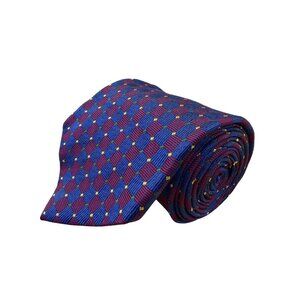 Paul Fredrick Mens Blue & Burgundy Silk Necktie Checkered Woven Hand Sewn